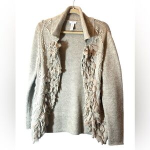 Chico's Women's Knit Cardigan with Fringe and Ruffle Accents Size 1 Gray Beige